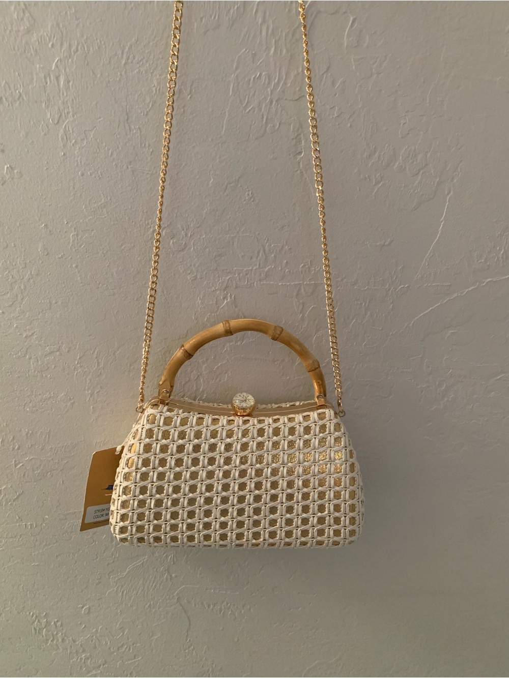 Tommy Bahama GoldCream Woven Clutch Bamboo Handle Gold Chain Strap Kiss Lock NWT - Picture 10 of 10